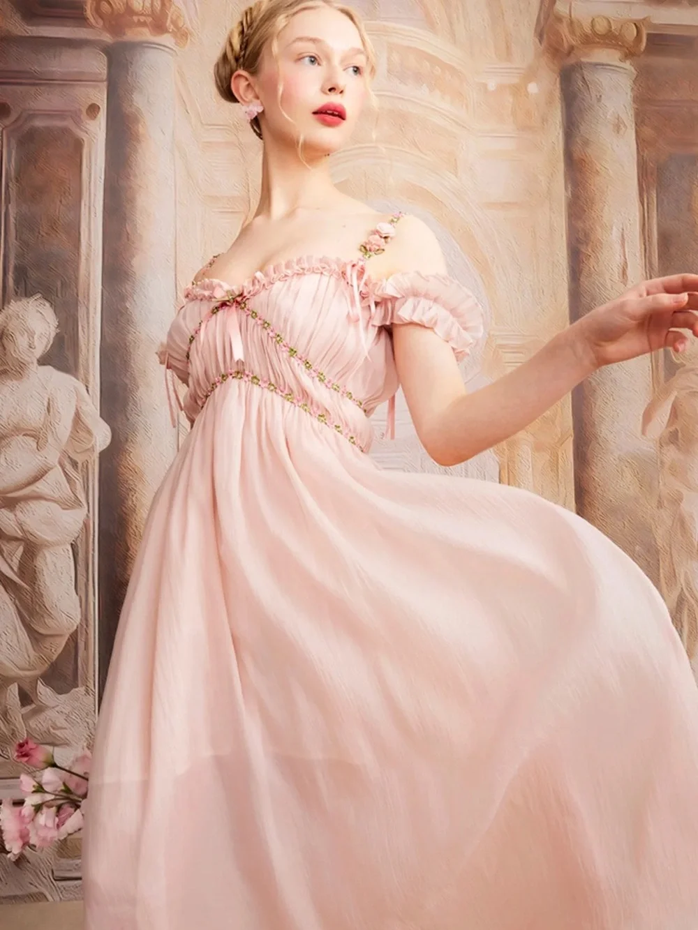 Blush Pink Off-Shoulder Dress with Floral Trim (Aurora Lacemade new with tag) - Picture 1 of 5